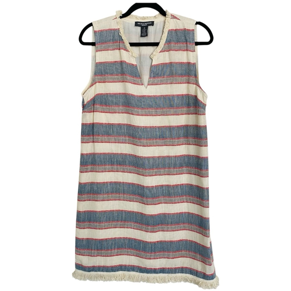 Chelsea & Theodore Dress Women’s 12 Red White Blue Stripe Fringe Shift Summer